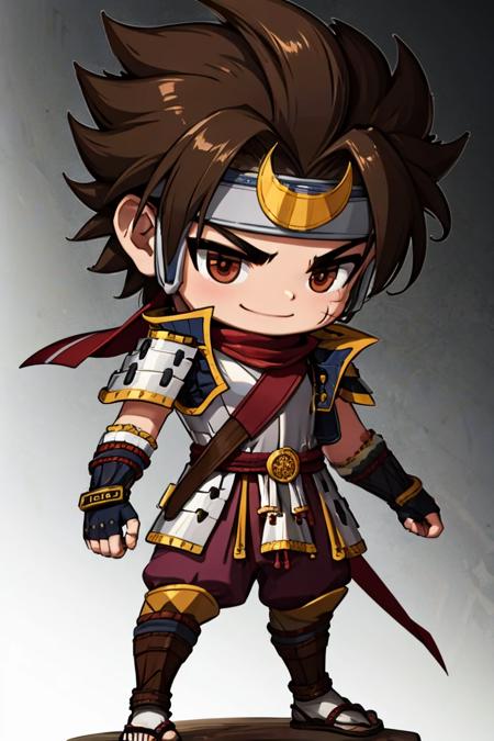 hayato, smile, brown hair, gloves, 1boy, brown eyes, male focus, fingerless gloves, chibi, armor, headband, scar, spiked hair, japanese armor, crescent