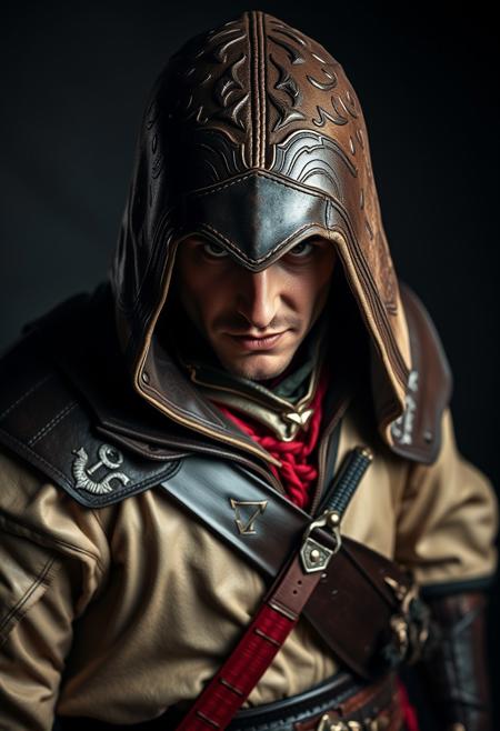 Assassin's Creed Character, samurai costume, leather armour,  masterful studio photography