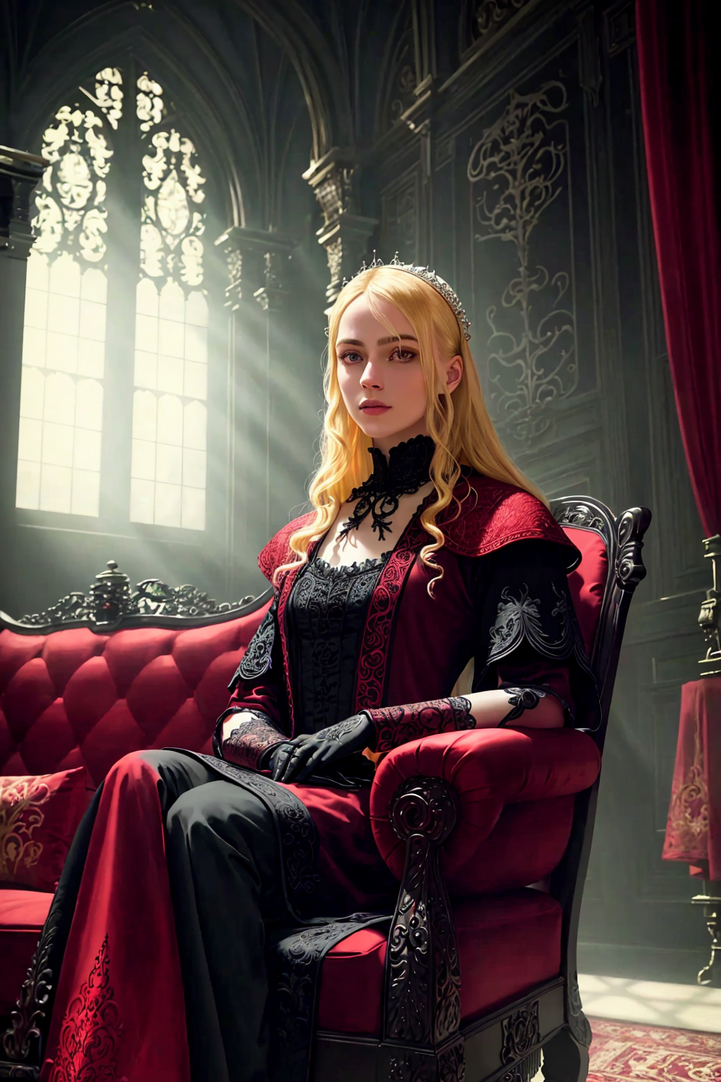 portrait of blonde woman sitting on red sofa in a dark luxurious gothic manor interior intricately detailed robes gloves, ...