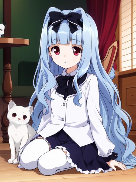 watayuki, 1girl, soro, long hair, blue hair, hair bow, hairband, red eyes, blunt bangs, very long hair,