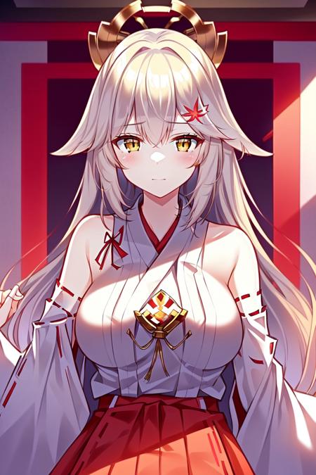 photo of a iom girl, (Masterpiece:1, 2), best quality, high resolution, ultra-detailed, (delicate detailed), cutest, white hair, long hair, yellow eyes, (miko:1.5), long red skirt, red ribbon, temple, extremely detailed CG unity 8k wallpaper, ((ultra-detailed)), (best illustration), (best shadow), ((an extremely delicate and beautiful)), ((cinematic light)),