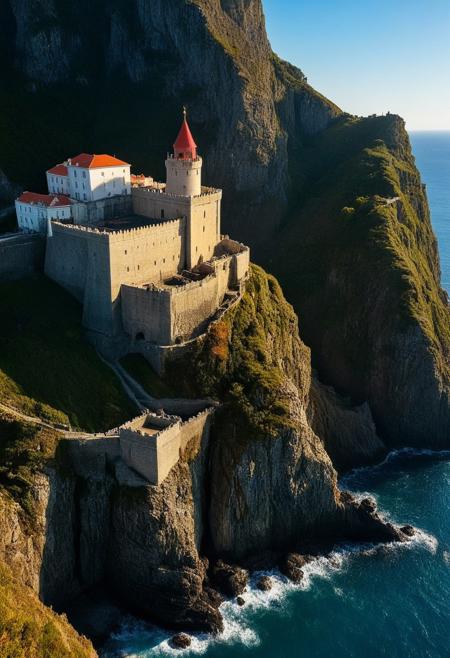 Close-up Photography realistic, outdoors, a below view of a grand castle upon a steep hill with cliffs leading to a deep ocean with tall towers guarding its sides, best quality, sharp focus, high contrast, stylized, clear, colorful, ultra quality, 8k, best quality, masterpiece