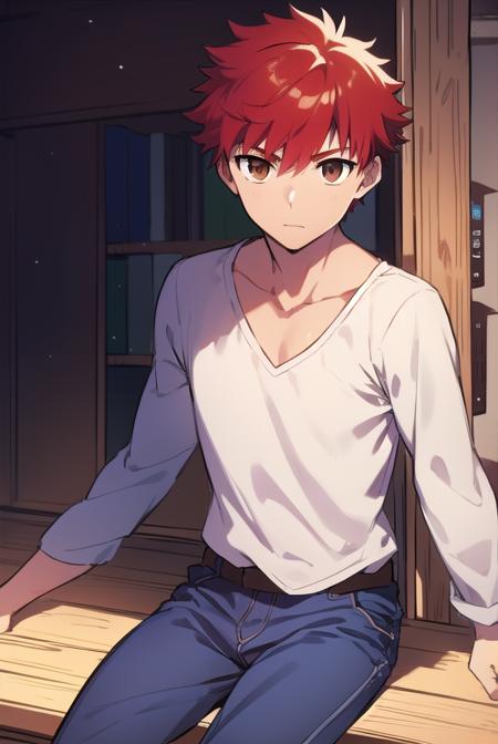 shirouemiya, <lyco:shirouemiya-LYCORIStest:1>, 
shirou emiya, 1boy, (red hair:1.5), spiked hair, (brown eyes:1.5), mature male,
BREAK blue pants, collarbone, pants, shirt, long sleeves, white shirt, raglan sleeves,
BREAK looking at viewer,
BREAK indoors, classroom,
BREAK <lora:GoodHands-vanilla:1>, (masterpiece:1.2), best quality, high resolution, unity 8k wallpaper, (illustration:0.8), (beautiful detailed eyes:1.6), extremely detailed face, perfect lighting, extremely detailed CG, (perfect hands, perfect anatomy),