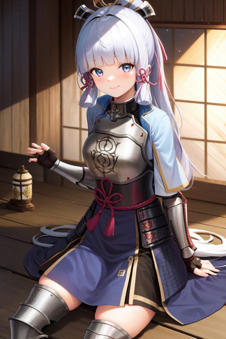 masterpiece, highres, best quality, 1girl solo, kamisato_ayaka, smile, sitting  <lora:kamisato_ayaka:1.0>
arm guards, armored dress, black breastplate, japanese armor, fingerless gloves