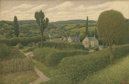 style of Henry Moret, garden ,parcel ,yard ,thicket ,orchard ,hedgerow, Moraine ,