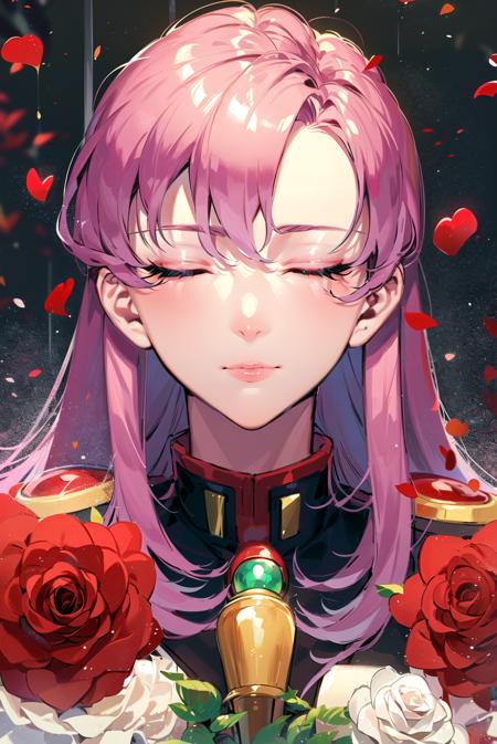 ((masterpiece,best quality, detailed)), 1girl, solo, solo focus,
 <lora:TenjouUtenaV1-000003:0.8>, (tenjou utena), portrait, closed eyes, epaulettes, aiguillette, black jacket, shiny hair,
white rose, flower bed, flower, floral background, (red rose:1.3), rose petals