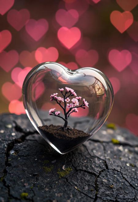 A heart-shaped glass object rests on a rough, cracked surface. Inside the glass heart is a small, dark tree with tiny pink cherry blossom-like flowers. The background is blurred with a warm, soft pink glow and heart-shaped bokeh lights. The surface the glass heart rests on is dark and weathered, with small patches of green moss and water droplets. The bokeh lights vary in size and brightness. The lighting is warm and diffused, with a bright spot at the top creating a hazy effect
--aspect 3:2 --portrait --seed 3 --upscale off