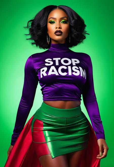 A striking and powerful digital art masterpiece featuring a confident, elegant African American woman with curvy physique. Her raven black hair has streaks of vibrant purple, framing her striking green eyes. She wears a daring ensemble - a transparent long-sleeved top with the words "Let's Stop Racism" emblazoned across it, paired with a short red skirt. The background showcases, New York City with birds flying gracefully in the sky. The artist's signature, "By Hans," is prominently displayed at the bottom. The piece combines elements of fashion, typography, and 3D render to create a powerful statement against racism., 3d render, typography, fashion, photo