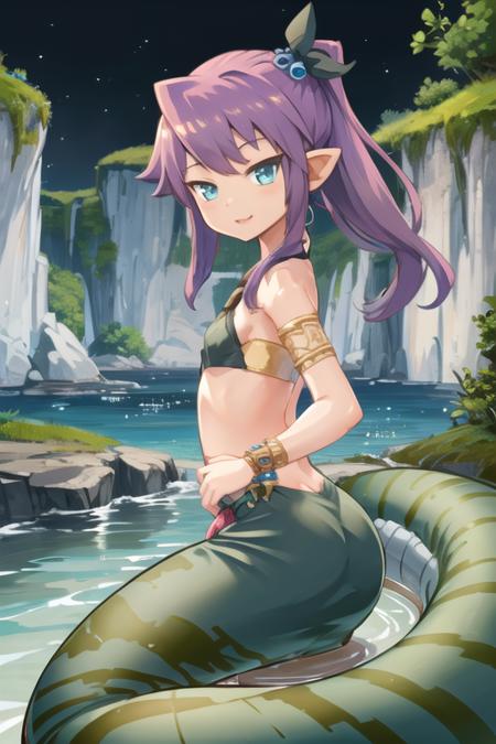 monster girl, mon-musu quest, lamia, blue eyes, 1girl, tiny lamia, purple hair, looking at viewer