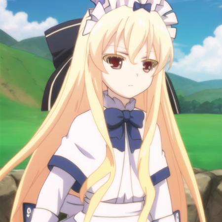 mondaiji-leticia, apron, bow, blonde hair, long hair, hair between eyes, red eyes, full body, solo, 1girl, outdoors <lora:mondaiji-leticia:0.9>