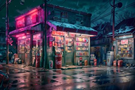 (masterpiece, best quality:1.2), ultra detailed, cinematic lighting, HDR, ilustration, corner store, rain, vending machine, no humans, night, scenery, outdoors, shop, convenience store, road, trash can, street, power lines, building, can, dark, coca-cola, sky, sign, motor vehicle, ground vehicle, utility pole, alley, lamppost, car