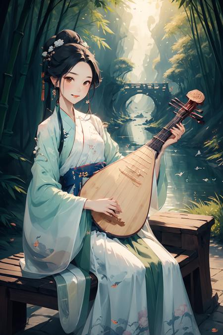 1 girl, smile, holding pipa, hanfu, ruqun , holding flowers, tang dynasty, bamboo forest,Stone bench,Stone table,musical instrument,grassland,earth,rivers,Far Mountains,Birds and beasts,happy   <lora:Guofeng_minimalism_v1:0.7> <lora:pipa_v1a:0.7>