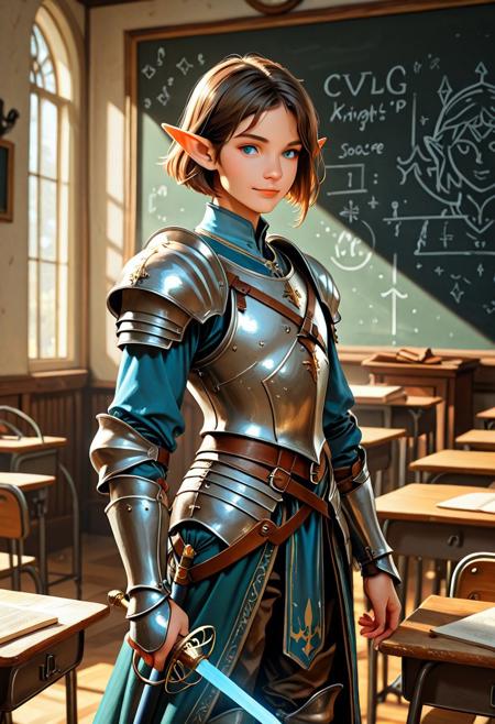 score_9_up, score_8_up, score_7_up, score_6_up. masterpiece, best quality, good quality, very aesthetic, absurdres, semirealism, RapierXL, cl4ssrm, fantasy, 8K, depth of field, focused subject, Elf knight:1.3, 19yo, androgynous, pointed ears, short brown hair, male haircut, blue eyes, wearing detailed armor, knight's armor, standing, light smile, holding sword, rapier, weapon, blue glowing sword,  indoors, chalkboard, classroom, podium, school desks,