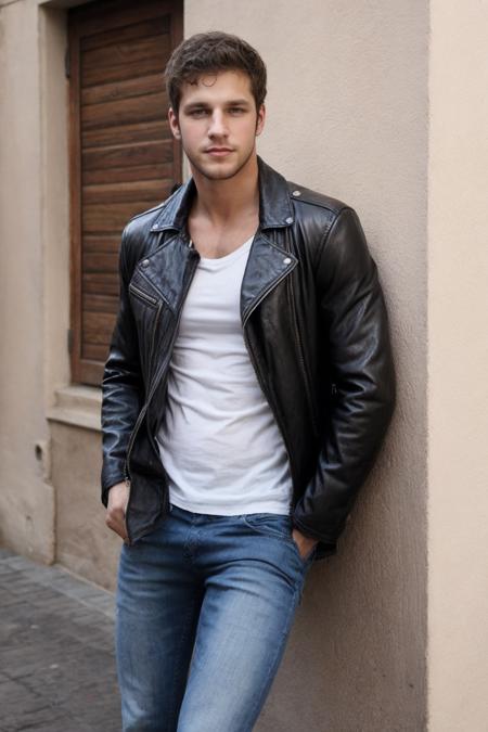 leaning against a pole, hands in his pocket, confident and relaxed mood ADDBASE 
sc_brandon <lora:sc_brandon_daddy-07:0.75>  ADDROW 
wearing a leather jacket and white (shirt:1)  ADDROW 
dark wash jeans