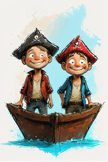 impactful color paint of cute drawing of 2boys, boat, ocean, caustics, wave pointing, , happy pirate hat, eyepatch, shark, flintlock ,<lora:Cute_Drawing:0.8>, highly detailed,  8k, sharp,  professional, clear,   high contrast, crystal clear