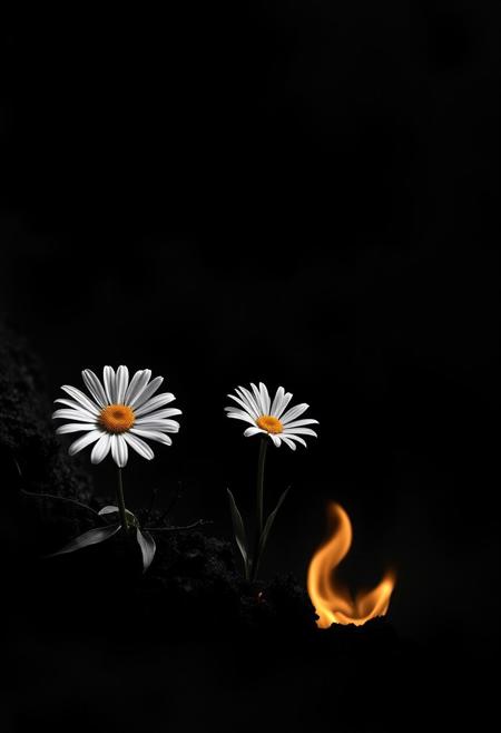 Monochromatic art inspired by John Batho and John Mckinstry, Detailed, naturalistic, realistic wildlife art, a vibrant daisy blooms amidst a fiery pit of burning brimstone, darkened landscape, warm glow on its delicate white center, abstract composition, poetic atmosphere, interplay of light, form, and texture, exercising minimalist geometry, French photographic style, exercising simplicity.