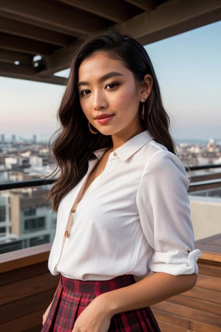 RAW photo of mackjo, portrait, Button-up blouse and pleated skirt for a summer rooftop cocktail event, (high detailed skin:1.2), 8k uhd, dslr, soft lighting, high quality, film grain, Fujifilm XT3 , <lora:mackjo:1>
