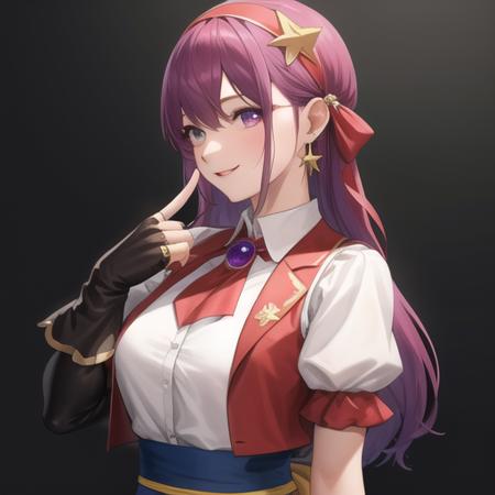 (masterpiece, best quality:1.2),illustration,8k,hd,1girl,solo,upper body,(portrait:1.2),breasts,gloves,purple eyes,fingerless gloves,purple hair,hairband,long hair,red hairband,jewelry,skirt,earrings,hair ornament,smile,star hair ornament,short sleeves,sash,puffy short sleeves,vest,shoes,pantyhose,<lora:Asamiya Athena-97:0.5>,