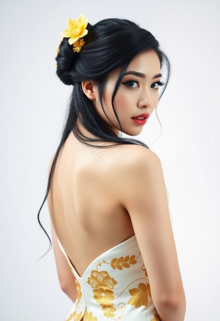 a gorgeous 25 years old asian woman, very pale skin, black very long hair in elegant updo with yellow lotus flower hairpins, long black eyelashes, black mascara, black eyeliner define her big beautiful dark green eyes, golden glittering eyeshadow, luscious sensual pink glossy lips, rouge, sexy curves, big breasts, very long elegant white dress with golden flower pattern, turns her head at viewer elegantly, hides her nudity by showing only the back