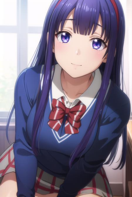 mikotoasuka, <lora:mikoto asuka s1-lora-nochekaiser:1>,
mikoto asuka, long hair, blue eyes, blue hair, hairband, red hairband, smile,
BREAK skirt, bow, school uniform, pleated skirt, bowtie, sweater, plaid, plaid skirt,
BREAK indoors, classroom,
BREAK looking at viewer,
BREAK <lyco:GoodHands-beta2:1>, (masterpiece:1.2), best quality, high resolution, unity 8k wallpaper, (illustration:0.8), (beautiful detailed eyes:1.6), extremely detailed face, perfect lighting, extremely detailed CG, (perfect hands, perfect anatomy),