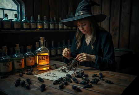 a woman is disassembling insect limbs, wearing witch cap and black long dress, focused on her work, in a wooden room full of potion bottle labelled ("BUZZ UP"), the potion glows, on the table there are papers saying ("BUZZ  Receipt"), dead bees scattered on the table, cinematic lighting, dark contrast, old and rusty environment