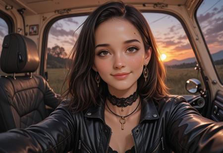 high_quality, highres, detailed_eyes, detailed, masterpiece, best quality, absurdres, 8k, HDR, face_focus, close-up portrait, selfie, 21yo Roma woman, waist-length black waves, lace choker with key pendant, motorcycle jacket hanging off frame, (oil smudge on cheekbone), caravan interior backdrop, shy smile, (dangling earrings catching sunset),  polaroid photos pinned to fabric walls, retro, grunge