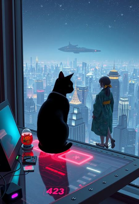 Jiji, the cat from Kiki's Delivery Service sits on a cluttered metal riveted desk with transparent top and rgb led computer components visible inside, On the desk are a maneki neko statue and a lava lamp, Jiji the Black Cat is looking out of a seamless and futuristic floor to ceiling window that looks out at a very high view from an apartment on the 400th floor of a futuristic Tokyo skyscraper, the year is 2250, The city has thousands of enormous wide and tall futuristic skyscrapers and space ships covered with lights in the sky, (((Kiki from Kiki's Delivery Service, 24 years old, is standing next to the cat looking out at the enormous city at night, filled with buildings of many shapes and sizes, some over a mile tall))), Kiki is dressed in an ornate Japanese style bath robe. An enormous deco starship with futuristic lighting and design is visible high above the city, and a space station is visible in the background among the stars, The woman's hair is messy from just waking up and tied up with a ribbon. Artistic cyberpunk, dynamic perspective, The focus is on Jiji and Kiki standing together looking out the window at the view together, (((overall architectural aesthetic is Art Deco Cyberpunk))).  Mt Fuji can be seen in the far distance,