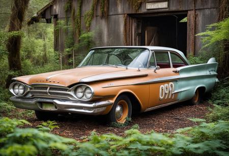 (high res photography, UHD,8k), funny bizarre weird 1960 Plymouth Belvedere, design concept style, two-tone paintjob, background abandoned overgrown Art Deco cinema,