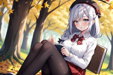 1girl,solo,hat,book,skirt,shirt,pantyhose,sitting,open book,looking at viewer,white shirt,jacket,tree,holding,red skirt,long sleeves,autumn leaves,black pantyhose,jacket on shoulders,beret,bowtie,bow,outdoors,holding book,leaf,red headwear,autumn,breasts,against tree,bangs,collared shirt,blush,medium breasts,day,green bow,ribbon,high-waist skirt,falling leaves,parted lips,ginkgo leaf,aqua bow,hair between eyes,neck ribbon,plaid bow,plaid,<lora:shenhe_a:1>,white hair,grey hair,blue eyes,grey eyes,(long hair:1.2),(braid:1.2),