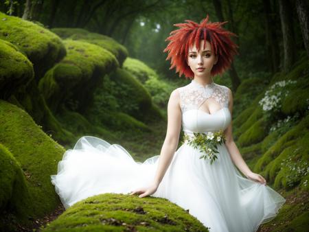 cute woman, (elegant, beautiful face), transparent white dress, forest moss, flowers feld, curly red hair, magical atmosphere, (short hair),  raytracing, subsurface scattering, (fantasy underworld on background), diffused soft lighting, shallow depth of field, by (Oliver Wetter), sharp focus bokeh