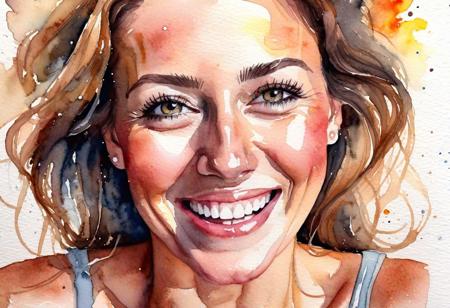 watercolor painting, closeup of a face of a happy satisfeid woman with a thankful smile, sweaty, exhausted, post orgasmic, exhausted after hard work, proud