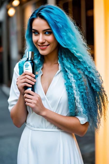 analog warm photo : man posing for a shampoo advertising, advertising a shampoo brand, holding a shamoo in his hand, ((white dress shirt)), jeans, (full shot), smirking, straight long hair, blue hair, blue eyes, realistic, detailed, bokeh, warm lighting, detailed man, looking at viewer,
