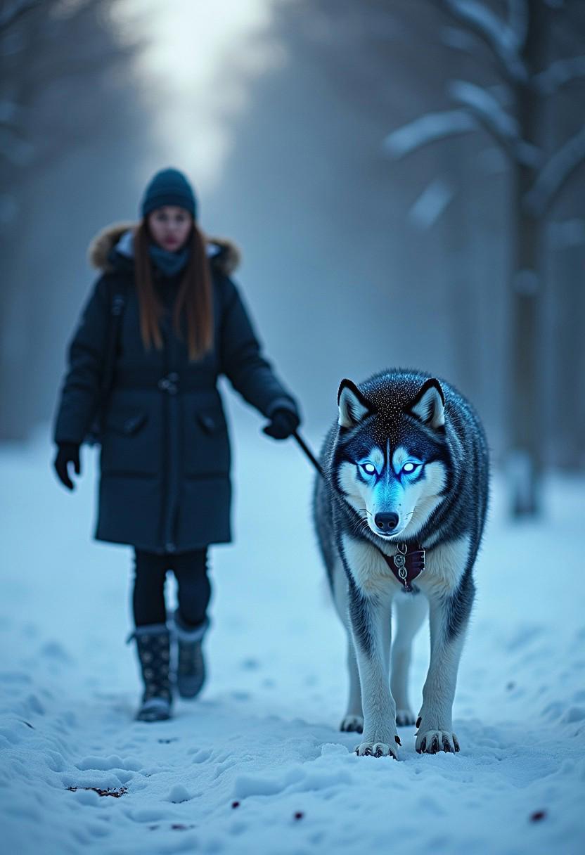 A woman walking her unusual dog, dog on leash has glowing blue eyes, 
The dog's name is Bytor the Snow Dog, Bytor is a huge Huskie that radiates light blue ice magic in a 5' radius, around Bytor is a cold mist and the ground beneath his paws has tendrils of frost growing outward from them,