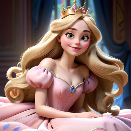 Pixar animated character of a woman with long blonde hair and a pink princess dress happy smiling,   Aurora sleeping beauty, <lora:elfanning_xl_1_standard-000081:1>