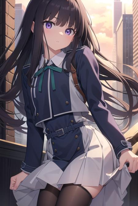 takinainoue, <lora:takinainoue:1>, inoue takina, long hair, bangs, black hair, (purple eyes:1.2), BREAK shirt, long sleeves, dress, ribbon, school uniform, white shirt, collared shirt, belt, neck ribbon, blue dress, green ribbon, pleated dress, grey dress, two-tone dress, blue belt, lycoris uniform, BREAK outdoors, city, BREAK <lora:GoodHands-vanilla:1>, (masterpiece:1.2), best quality, high resolution, unity 8k wallpaper, (illustration:0.8), (beautiful detailed eyes:1.6), extremely detailed face, perfect lighting, extremely detailed CG, (perfect hands, perfect anatomy),