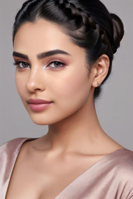 RAW woman portrait  ,  handsome , Exquisite , updo hairstyle<lora:ArabWomenFawzi:0.5>, detailed skin texture, (blush:0.5), (goosebumps:0.5), subsurface scattering, mole