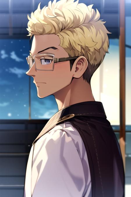 (best quality:1.1), (masterpiece:1.4), photorealistic, , , , , , 1boy, solo, male focus, <lora:tetta_kisaki:1>, tetta_kisaki, blonde hair, grey eyes, , glasses, , romper, , science fiction western,