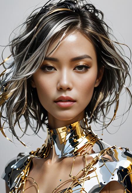 portrait Model Made of gold and silver. Elegant and very beautiful. Crisp and Intricate Photorealism, Shot on a Sony A7RIII | Elaborate artwork on off-white paper by Tsutomu Nihei and Benedick Bana, highlighting the beauty and sensuality. Dive deep into the intricacies of serenity with soft, flowing lines and chaos with jagged, intense strokes. Painting, illustration, vibrant, cinematic, photo, portrait photography, fashion (more-detail:1.2)
