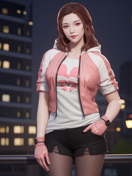 CFkongQF, 1girl, solo,pantyhose, brown hair, looking at viewer, hood, drawstring,torn clothes, brown eyes,  black shorts,long hair, hood down, lips, jacket, gloves, smile, breasts, open clothes, zipper,hand on hip, mature female, cityscape, night,  <lora:CFkongQF:0.75>,