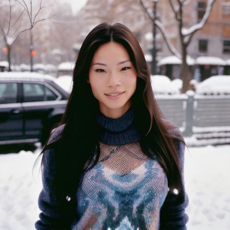 <lora:lucyliu_sd15_33:1> lucyliu a beautiful woman, smiling at the camera, wearing a sweater, outside, snowy day, newyork city, traffic, cabs, intricate, highly detailed, digital painting, artstation, concept art, smooth, sharp focus, illustration, unreal engine 5, 8 k, art by artgerm and greg rutkowski and alphonse mucha