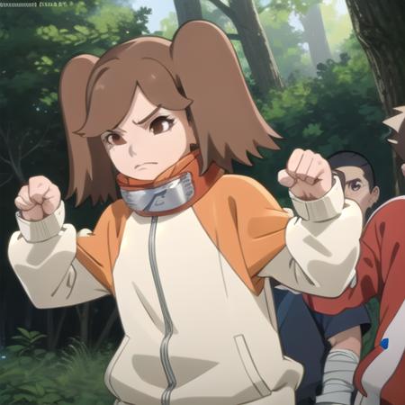 best quality, 1girl,namida suzumeno,two braids,brown hair,brown eyes,orange jacket,bandage,angry,fight pose,forest,  <lora:JS_Namida_Suzumeno:0.75>