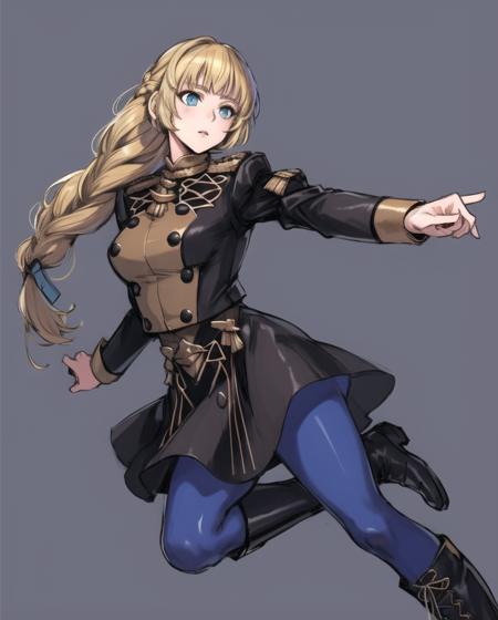 masterpiece, best quality, ingrid_academy, braided ponytail, garreg mach monastery uniform, black skirt, blue pantyhose, black boots, dynamic pose, blue background, simple background