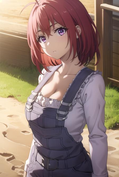 cowgirl, <lora:cowgirls2-lora-nochekaiser:1>, 
cow girl, ahoge, red hair, (purple eyes:1.1), short hair,
BREAK cleavage, collarbone, frills, long sleeves, overalls, suspenders,
BREAK outdoors, farm,
BREAK looking at viewer, (cowboy shot:1.5),
BREAK <lyco:GoodHands-beta2:1>, (masterpiece:1.2), best quality, high resolution, unity 8k wallpaper, (illustration:0.8), (beautiful detailed eyes:1.6), extremely detailed face, perfect lighting, extremely detailed CG, (perfect hands, perfect anatomy),