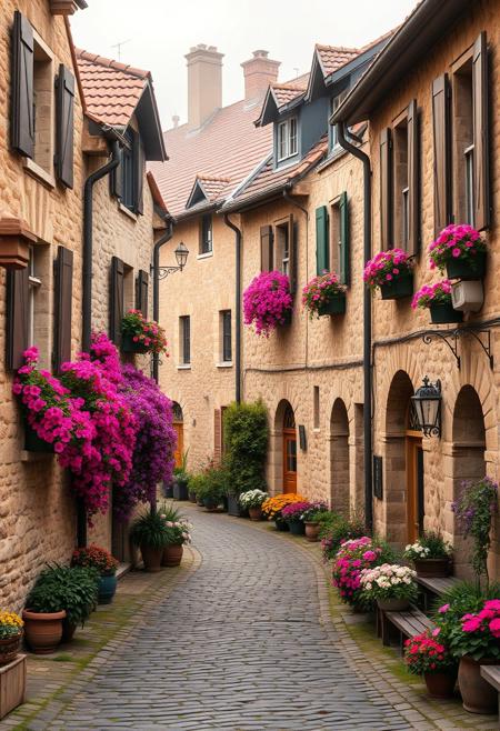 An old charming European-style village, cobblestone streets, rustic stone houses with wooden shutters, covered in vibrant and colorful flowers cascading from window boxes and garden edges, soft morning light, gentle mist, warm pastel tones, dreamy and peaceful atmosphere, highly detailed, ultra-realistic, 8k