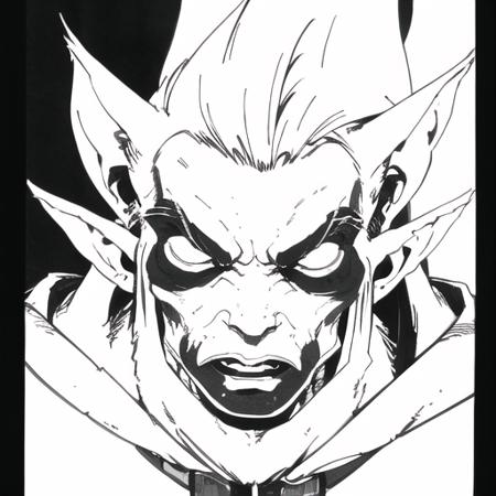 michaelkirkbride, <lora:michael_kirkbride-000019:1>, monochrome, 1boy, pointed ears, elf, angry, mean