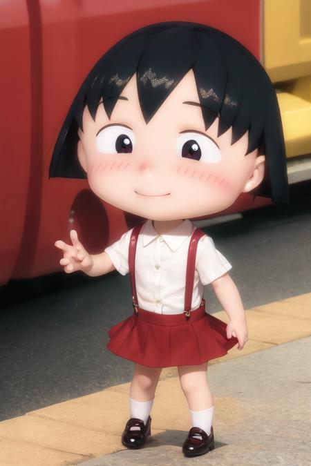 chibi, cbmrk, suspenders, black hair, short hair, red skirt, white shirt, smile, mountain, river <lora:chibi_maruko-000003:1>