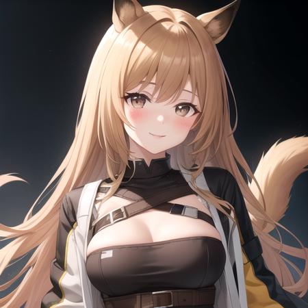 ((masterpiece)),(best quality),official art,extremely detailed CG,unity 8k wallpaper,ultra detailed,perfect lighting,1girl,solo,upper body,(portrait:1.2),animal_ears,very_long_hair,dog_ears,multiple_straps,dog_tail,baggy_clothes,brown_hair,thigh_boots,smile,looking_at_viewer,zettai_ryouiki,bangs,black_footwear,dog_girl,breasts,dress,long_sleeves,multicolored_jacket,ankle_strap,multicolored_clothes,brown_eyes,blush,black_thighhighs,<lora:Ceobe(ark)>,