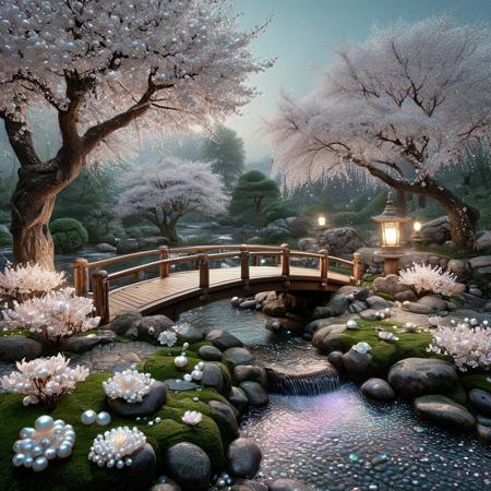 Pearlum,
8k, score_9, score_8_up, score_7_up,
masterpiece,realistic,ultra detailed, vibrant colors,photo-realistic,
A serene Japanese garden at twilight, featuring a tranquil koi pond with delicate water lilies, a traditional stone lantern glowing softly, moss-covered rocks, and a curved wooden bridge surrounded by blooming cherry blossoms. The scene is bathed in a pearlescent, iridescent glow, with gentle mist adding a mystical atmosphere. The Pearl Morph LoRA enhances the luminous textures of water, petals, and stones, creating a dreamy, ethereal aesthetic, highly detailed, cinematic lighting, vibrant yet soft colors, 8k resolution.