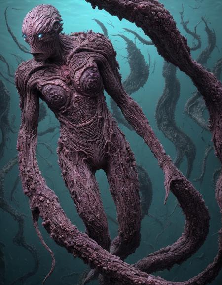cosmic horror, biopunk creature, body horror, human deformed parts, monster in depth of sea, colorful flesh, horror, dark, veiny skin, sea bottom ruins background, best quality, high resolution, correct proportions, natural proportions, intricate textures, beautifully detailed, sharp and clear textures,