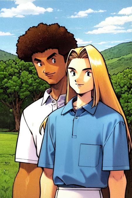 sugimori ken 1990s, 1boy, blue eyes, brown hair, long curly hair, blonde hair, collared shirt, muscular, outdoors, trees, hills, <lora:KenSugimori1990s-v1-0:1>